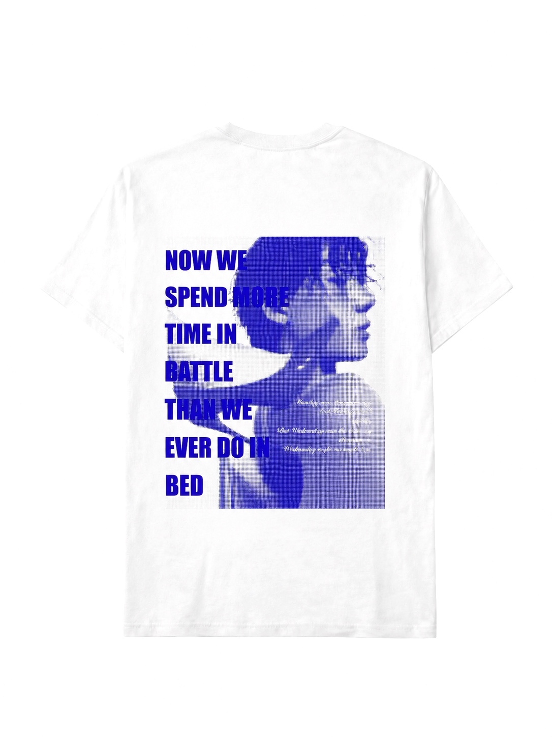 Graphic design — the same blue halftone print on a white tee